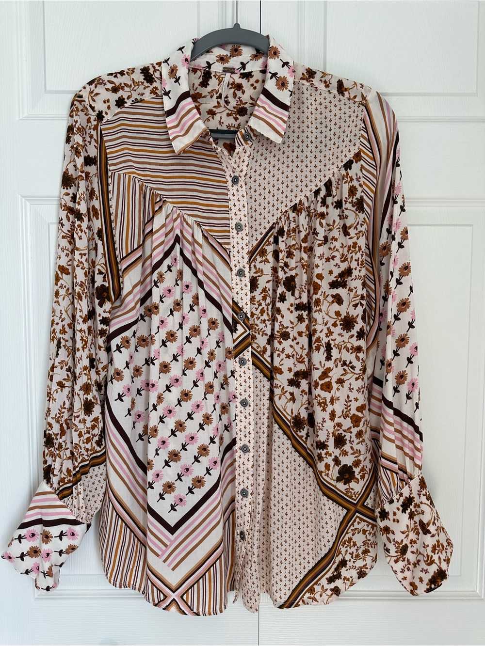 Free People Mixed Print Patchwork Button Down Blouse L